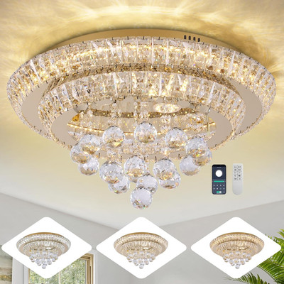Large LED Crystal Raindrop Ceiling Light,Rose Gold, 20'' Elegant Semi Flush Mount