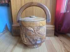 Hand-Carved Teak Wood Basket with Handle, Floral Scrollwork Relief — listing 3