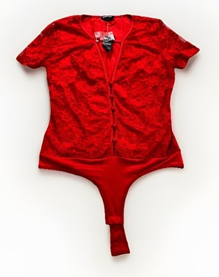 Bebe Bodysuit Womens Medium Red Lace Floral Stretch Short Sleeve Button Front