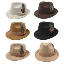 Classic Fedora Hats for Mens Womens Short Brim Felt Feather Hat Panama Dress Hat