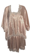 Vintage Papillon by Paula Carbone Satin  Lace Nightgown And Robe Set Sz L USA