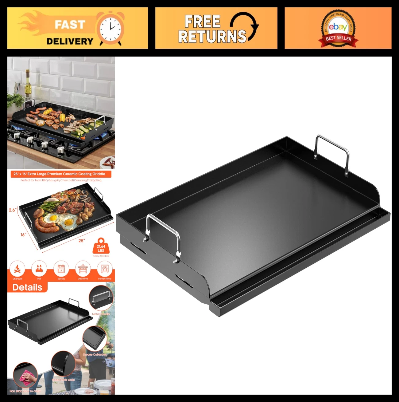 25" x 16" Nonstick Cast Iron Griddle - Pre-Seasoned Flat Top for Gas Grill, Camp