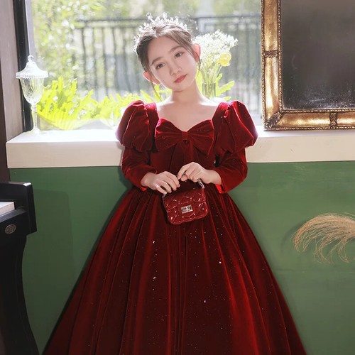 Girls Luxury Evening Long Red Party Dress Prom Clothes Velvet Kid Flower Costume - Picture 2 of 15