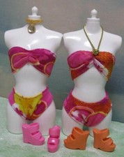 Barbie Doll clothes Print BIKINI swimsuits set of 2 w/ Sandal Shoes  Necklace