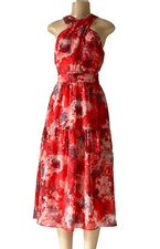 White House Black Market Size 4 Dress Red Sea Midi Crisscross Halter Sleeveless