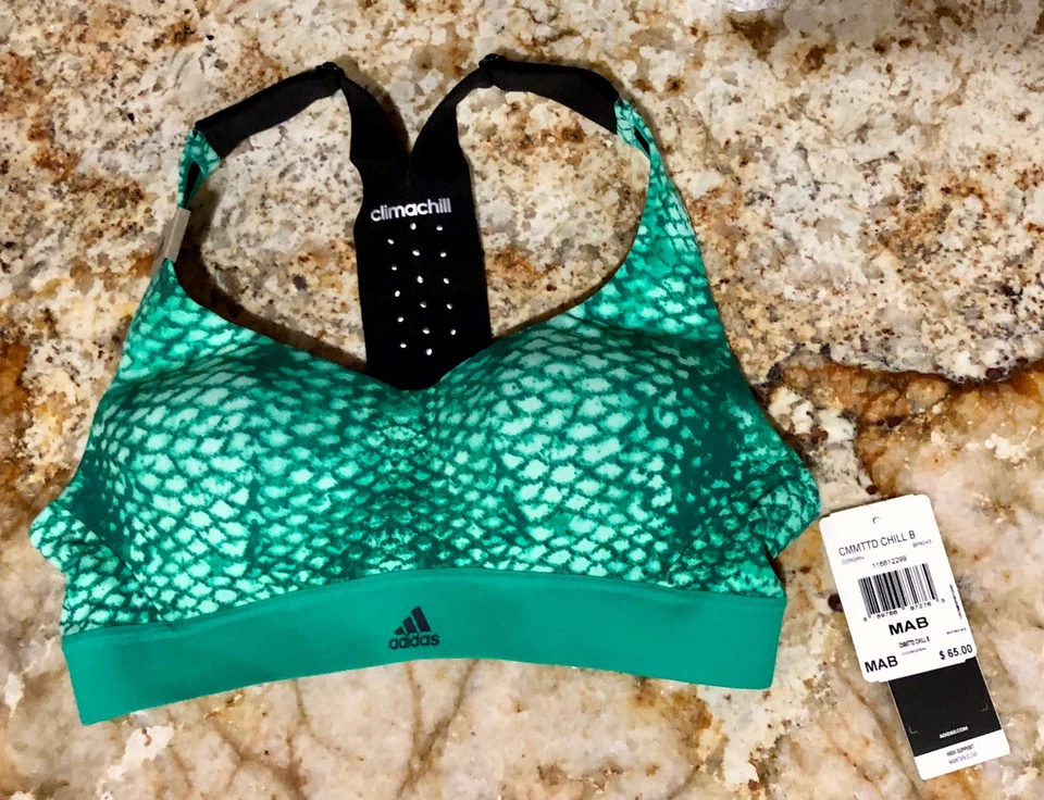 ADIDAS CMMTTD Chill высокой поддержки спортивный бюстгальтер зеленый печать новый женщин Sz M A/B чашка - Изображение 3 из 4