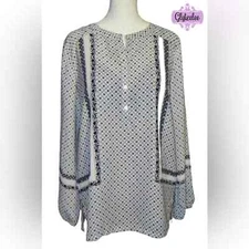 𝅺LOFT Black and White Floral Partial Button Tunic Women’s S Puff Sleeve