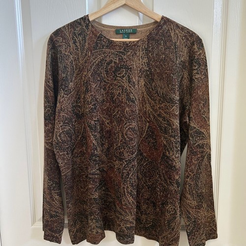 Ralph Lauren Seide Kaschmir Metallic Paisley Lux Strick Rundhals Pullover Größe 1X