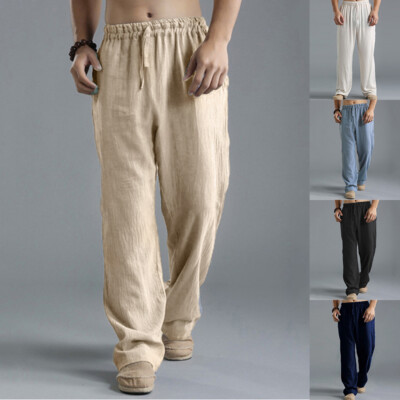 Mens Solid Cotton Linen Baggy Long Pants Casual Loose Beach Buttoms Trousers