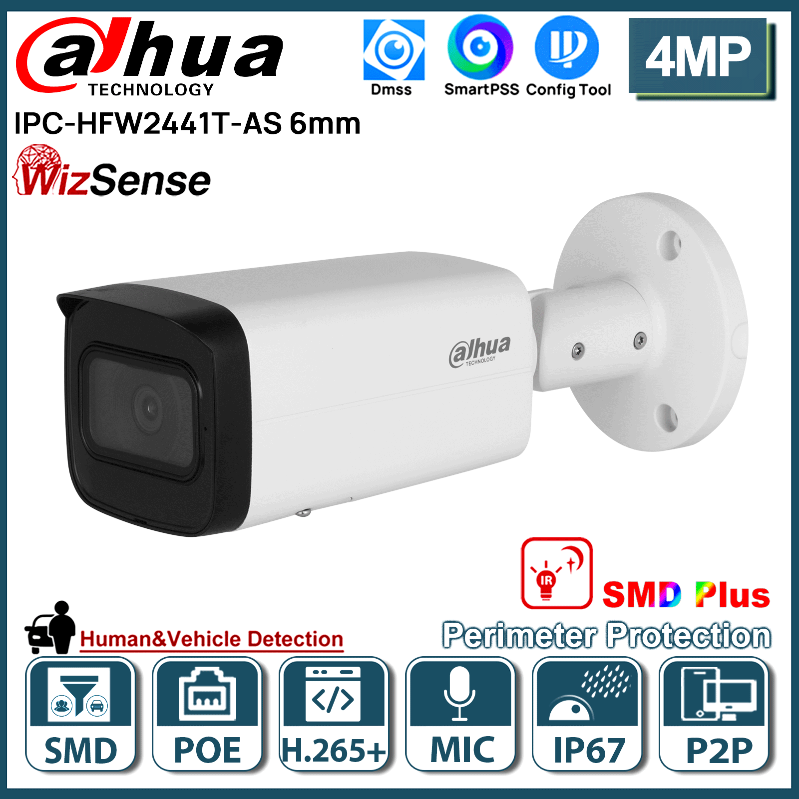 Dahua 4MP WizSense Bullet IP Camera with IR80m SMD+ PoE Mic WDR 6MM Lens IPC-HFW2441T-AS