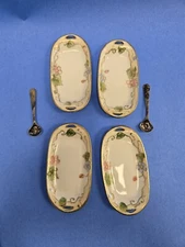 Antique Art Nouveau NIPPON Hand Painted Open Salt Cellars & Sterling Spoons 