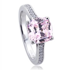 8mm Platinum Plated Silver 2ct Cushion Pink CZ Wedding Engagement Cocktail Ring