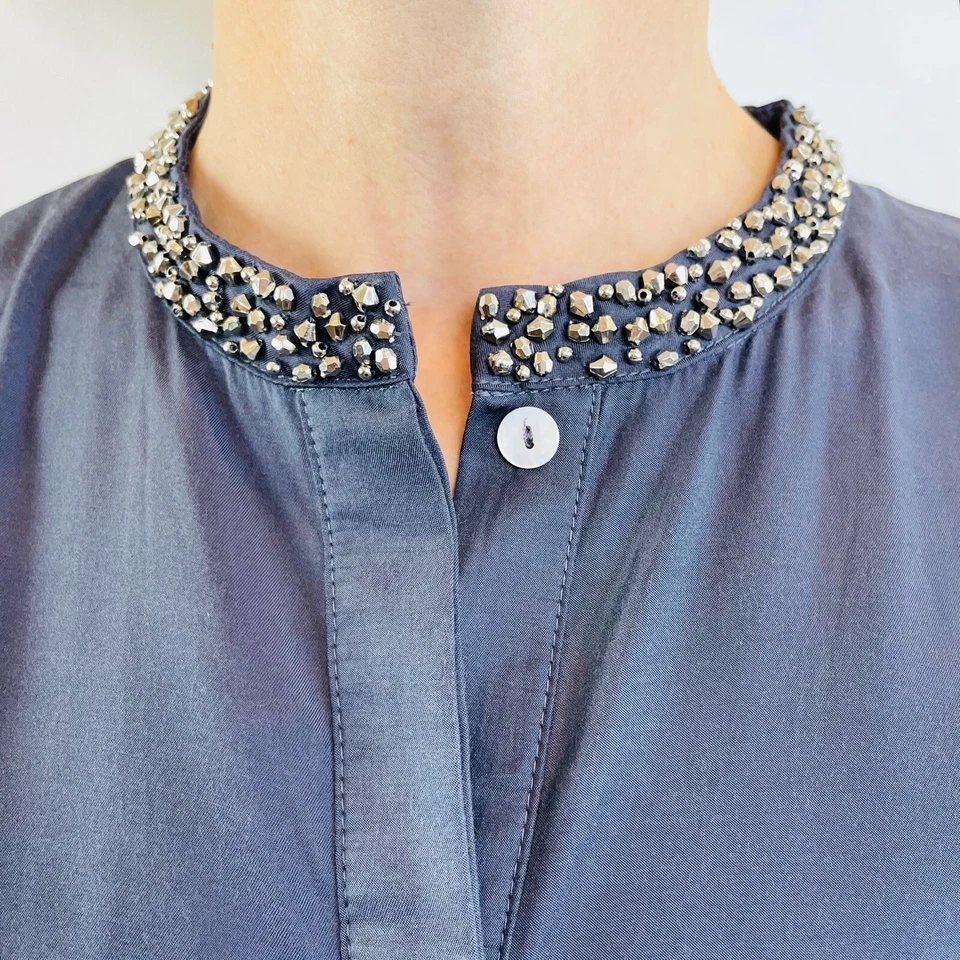 Vestido Camisa 3.1 Phillip Lim Talla M 10 12 Azul Gris Sin Mangas Embellecido Cuello Foto 4 de 4