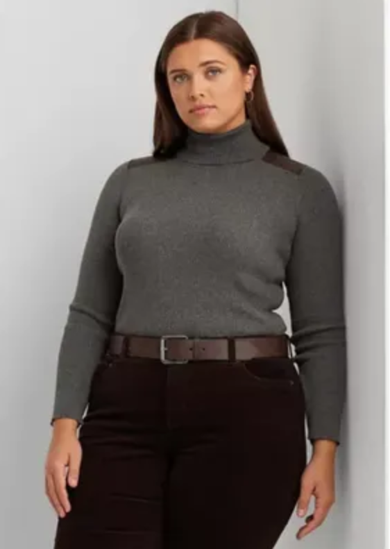 Lauren Ralph Lauren Faux Leather Trim Turtleneck Sweater Gray Plus