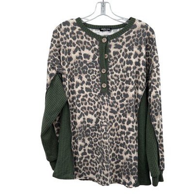 Heimish USA Cheetah Print Top Mixed Media Long Sleeve Buttons Green/Multi Small