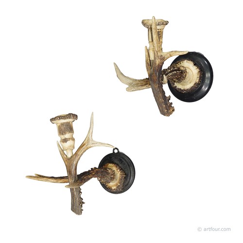 A Pair Great Black Forest Wall Sconces with Deer Horns, Germany ca. 1900 - Picture 1 of 8