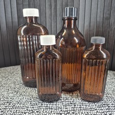 Vtg Amber Glass Poison Bottles Lot x4 Ribbed Apothecary Pharmaceutical Medicine