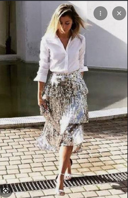 Zara Woman Silver Sequin Ruffle Tiered A-Line Midi Skirt, Women s M