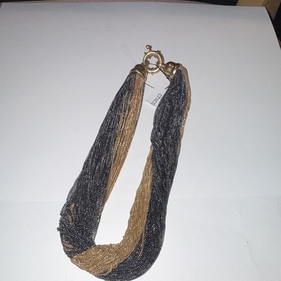 Chico's Gold/Black Mesh Chain Statement Necklace Metal Ring Closure