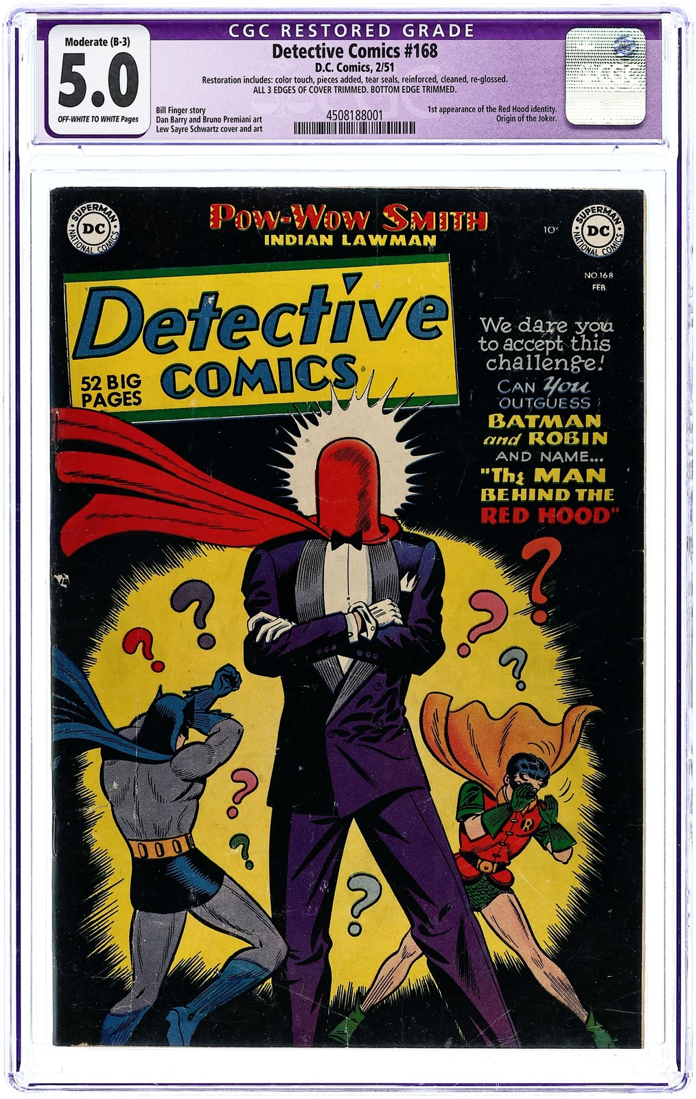 Detective Comics #168 CGC 5.0 RESTORED 1951 4508188001 Origin of the Joker