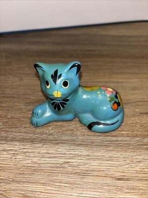 Hand Made Floral Ceramic Cat Statue Laying Down - Blue Statue