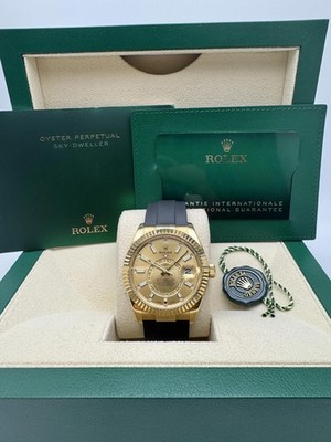 Rolex Sky-Dweller 326238 18K Yellow Gold Champagne Dial Oysterflex Box Papers