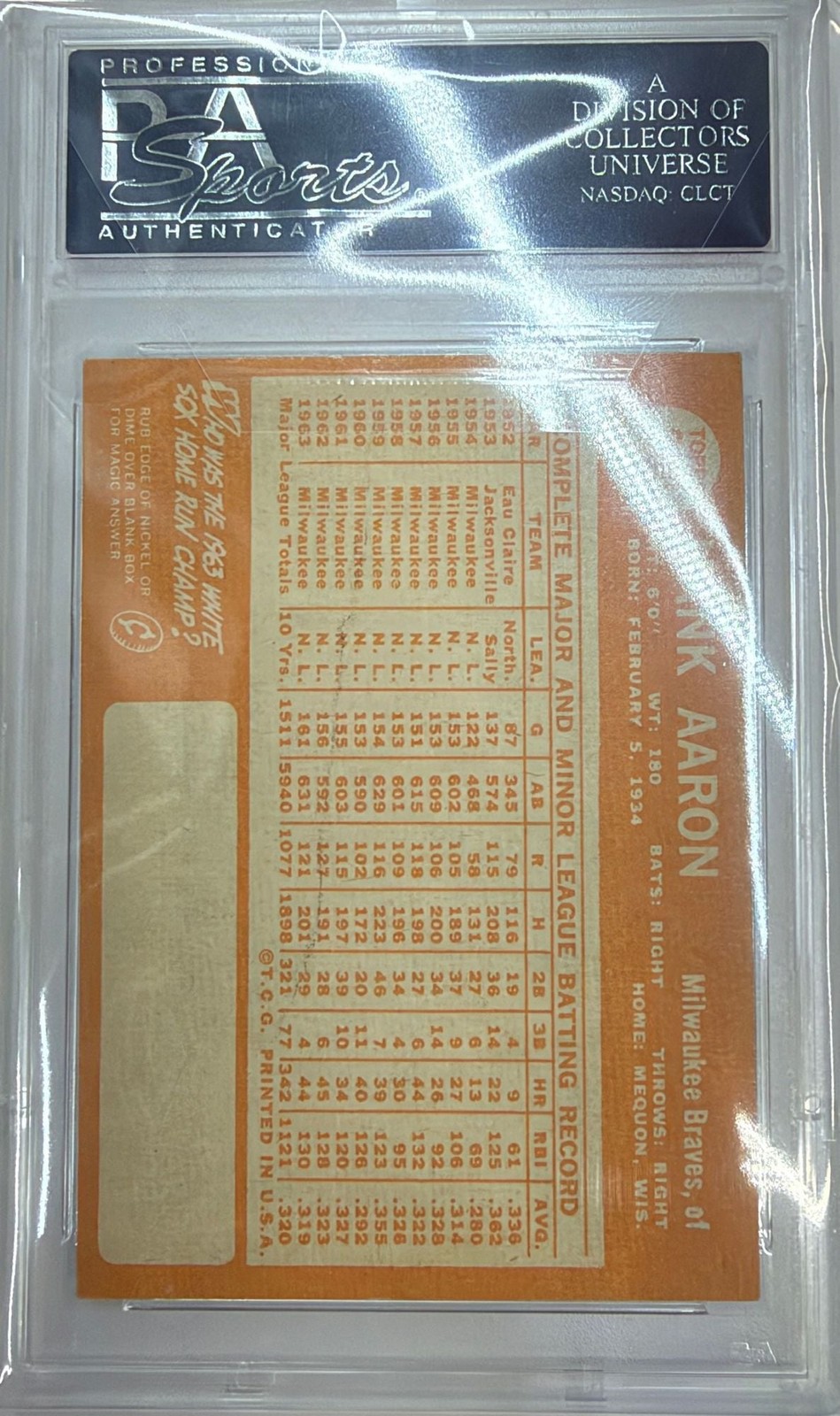 Graded 1964 Topps Hank Aaron #300 Baseball Card PSA 4 VG-EX view 4