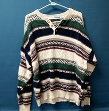 Vtg Geometric Brand Quarter Button Fair Isle Knit Cotton Sweater Mens Sz XL