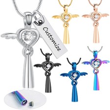 Love Infinity Angel Wing Cross Urn Pendant Crystal Heart Memory Necklace Ashes