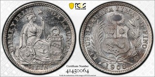 1908/7 FG Perú 1/2 Dinero PCGS MS67 Sobreactualizado