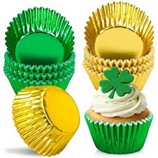200Pcs St. Patrick's Day Foil Cupcake Liners Baking Cups Green Gold Foil Metalli