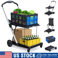2-Tier Folding Utility Shopping Cart ,Portable Collapsible Grocery Cart w/Wheels