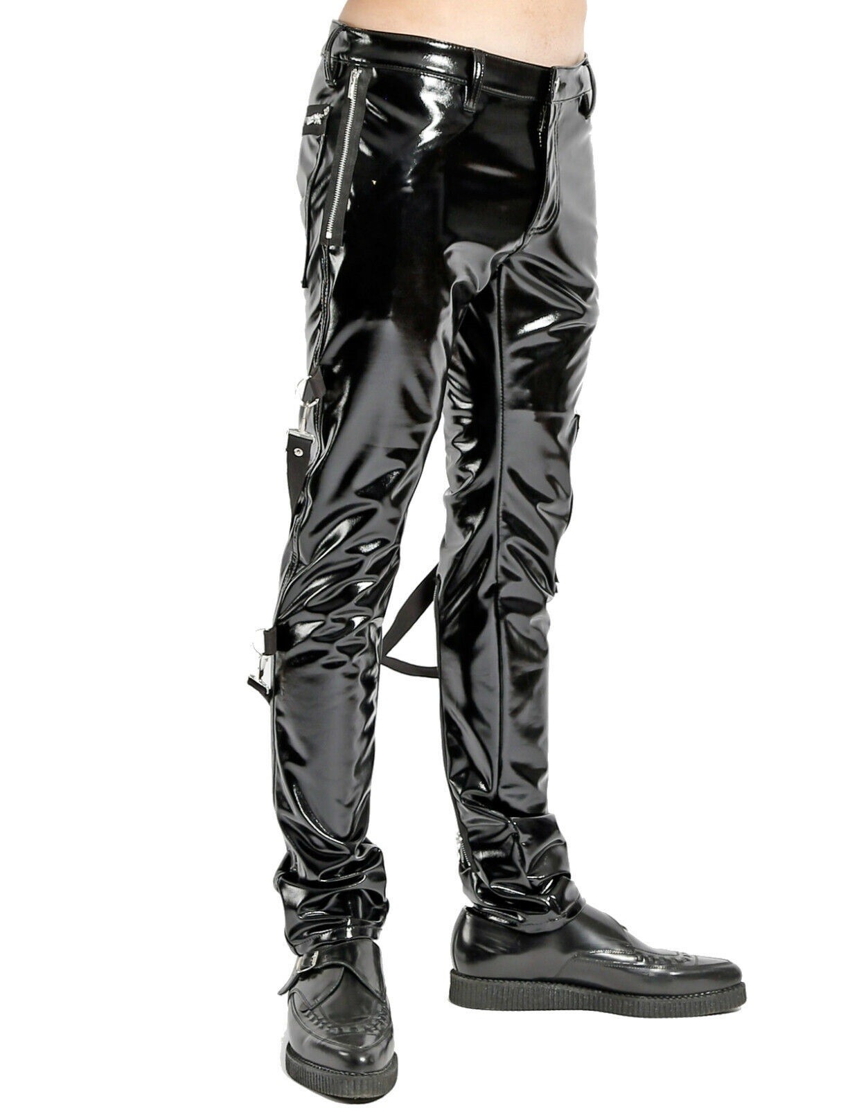 SKINNY JEANS BLACK GOTHIC SUPREME CHAOS VINYL PUNK REBEL PANTS STRAP-image