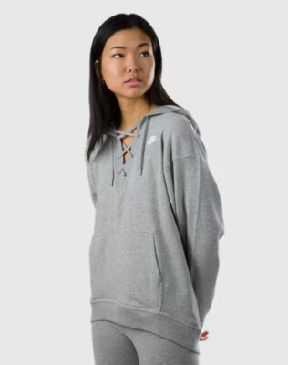Nike Sportswear Club Lace Up Oversized Pullover Hoodie Gray Sz Small CI1139  063