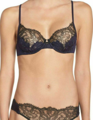 La Perla Talisman 38B L Full Coverage Bra Panty Set Black Dark Blue $992