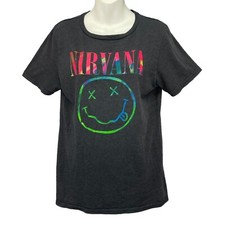 Nirvana Smiley T-Shirt/ Women&rsquo;s (L) Charcoal Official Cotton Blend ROCK MUSIC