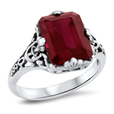 925 STERLING SILVER FILIGREE ANTIQUE STYLE VIVID RED LAB-CREATED