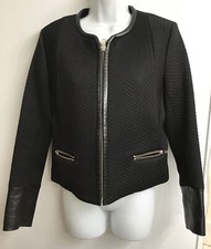 Sandro Ladies Jacket Black Textured Knit Leather Zip Up Trim And Wrist Size 40