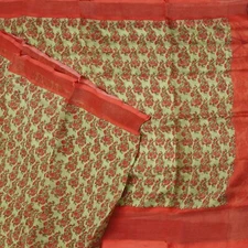 Namaste Vintage Green Sarees 100% Pure Silk Floral Printed Sari 5YD Craft Fabric