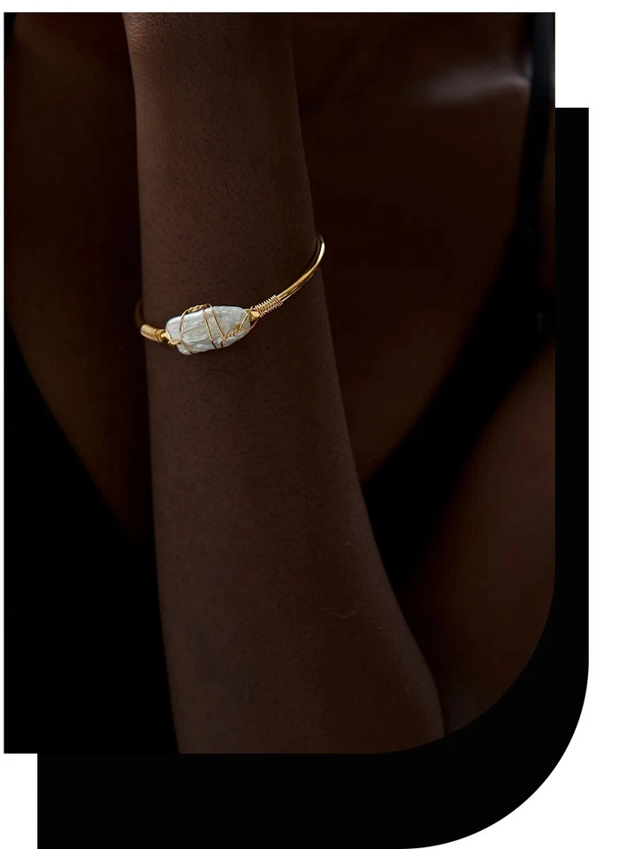 Wunderschöner Gold Edelstahl Armreif Quarzstein Obsidian Amazonit Handgefertigt - Bild 3 von 4