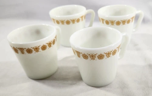 Pyrex Set of 4 VTG Golden Butterfly D Handle Coffee Tea Glass Mug Cups White