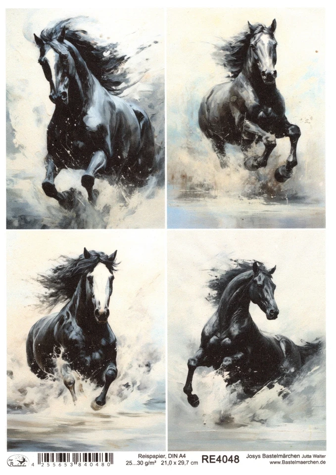JOSYS BASTELMÄRCHEN Reispapier A4 Strohseide Decoupage schwarzes Pferd Rappen Galopp Gemälde RE4048