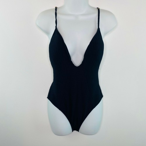 Lucky Brand $114 Plunge Front One-Piece Swimsuit Size M Black - Picture 2 of 4