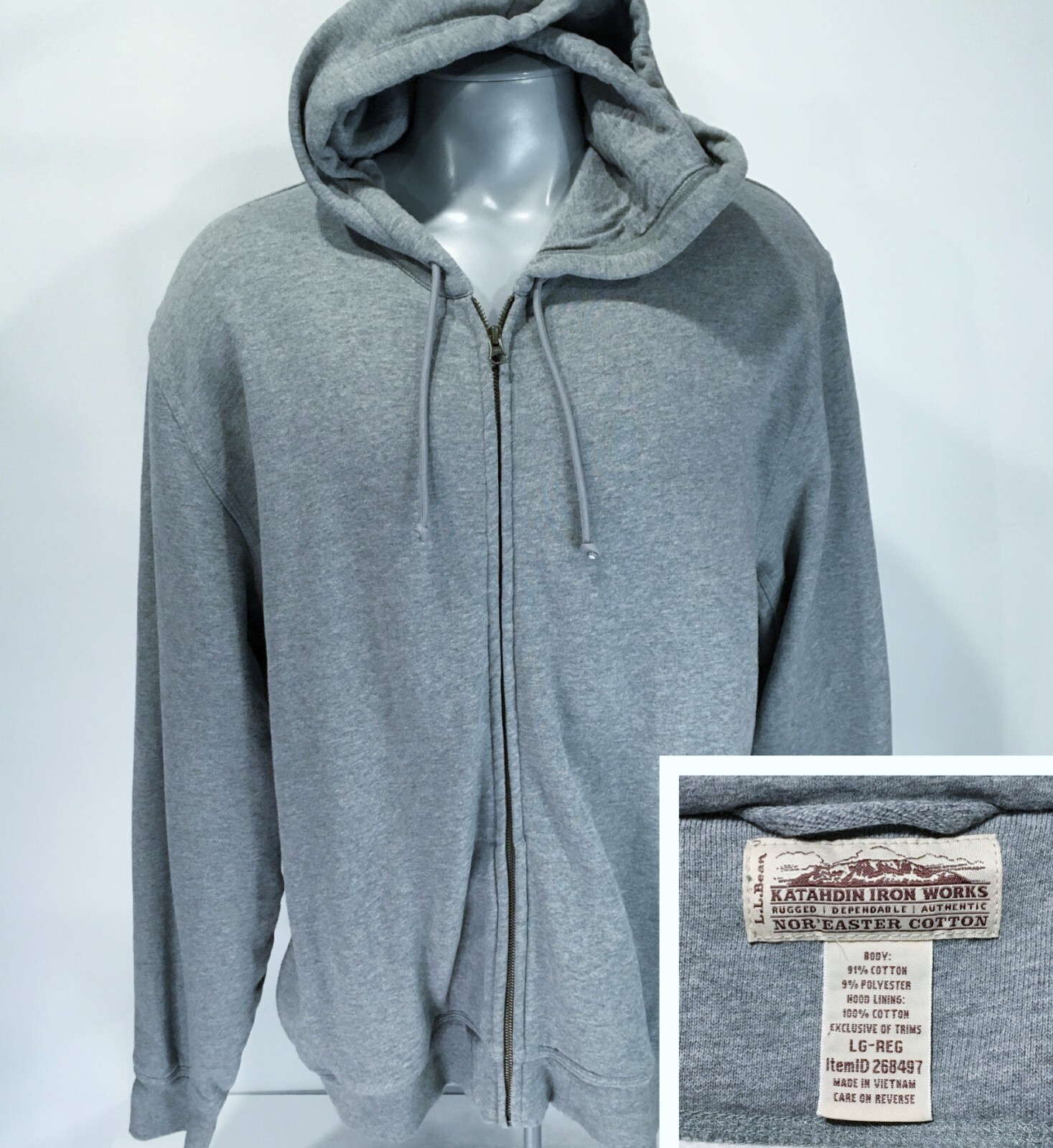 LL BEAN Katahdin Iron Works L Large Mens Full Zip Gray Hoodie Sweatshirt  #268497 | eBay