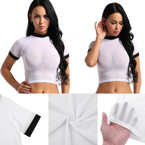 Women's See Through Sheer Mesh Slim Crop Top Casual Sexy T-Shirt Sexy Blouse - Picture 4 of 25