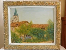 R. DUBÈS (20th) oil on panel "View of village church and house" framed