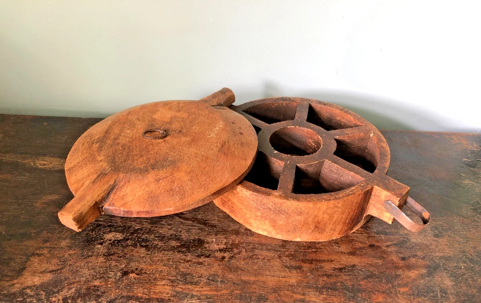 Vintage primitive wooden masala dabba spice box, trinket box,