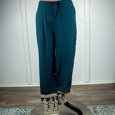 Teal Embroidered Hem Straight Leg Pants Elastic Back Waist Pull On India