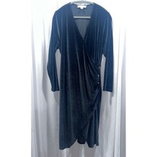 Michael Kors Women Green Velvet Faux Wrap Dress Long Sleeve Gold MK Button 1X