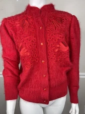 VTG Leman 80s Angora Fuzzy Red cardigan floral  Button  Cardigan Sweater large